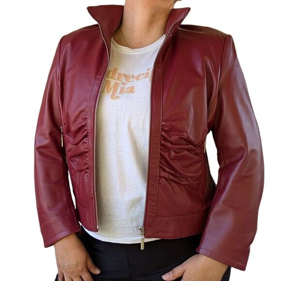 Vintage Genuine Leather Maroon Red Motorcycle Biker Jacket Punk Rocker Size XL - Picture 4 of 10